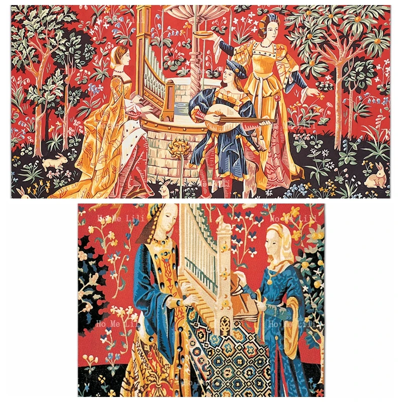 Medieval Concert At The Fountain Lady And Unicorn Thousand Flowers Mystery Beauty Of Western Art Flannel Floor Rug By Ho Me Lili