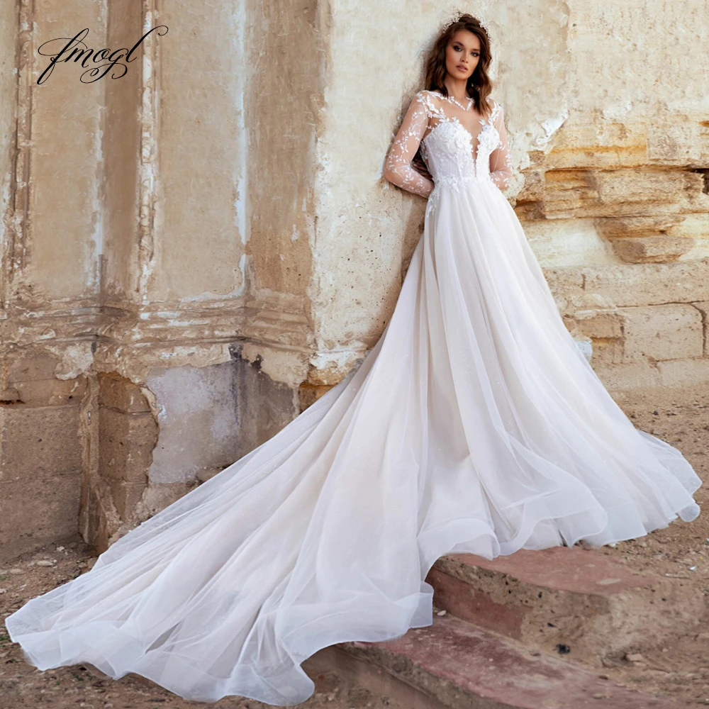 

Fmogl Sexy Illusion Long Sleeve Flowers Vintage Wedding Dresses Luxury Scoop Appliques Beaded Court Train A Line Bridal Gown