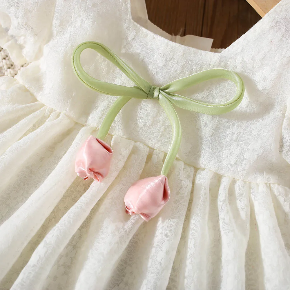 Summer New Baby Girls Dress Gauze Bow Ribbon Flower Pattern Lace Gauze Relief Square Collar Puffy Sleeve A-Line Dress Sweet