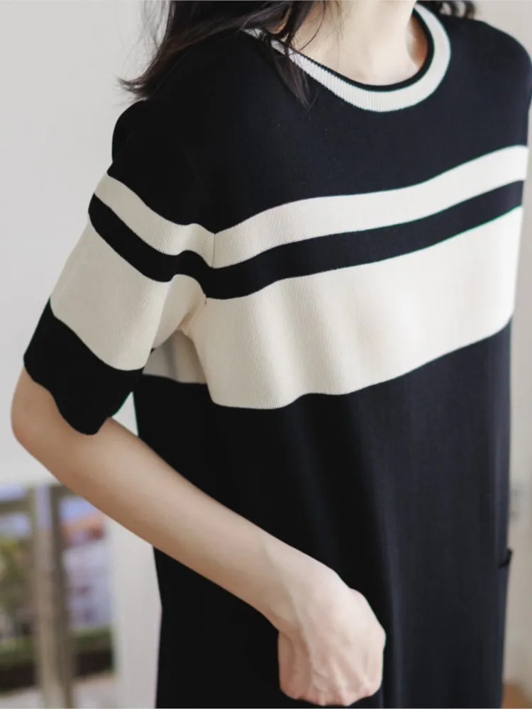 فستان نسائي صيفي مخطط بتصميم كلاسيكي جديد أنيق على الطراز الكوري مستقيم للشاطئ فضفاض متوسط الطول فساتين للسيدات غير رسمية #5