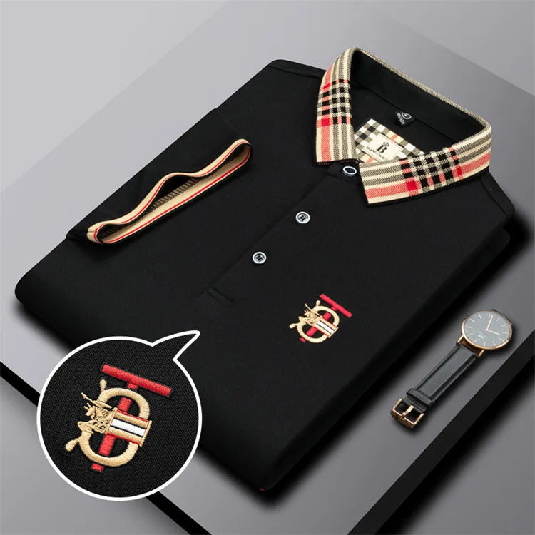 

New trendy brand fashionable high-end pure cotton POLO shirt embroidered checkered lapel for men's fashion Half sleeved top with