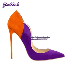 Gullick Orange/Purple Suede Patchwork High Heel Shoes 12Cm Sky High Pointed Toe Dress Pumps Slip-On Shallow Matched Color Size45