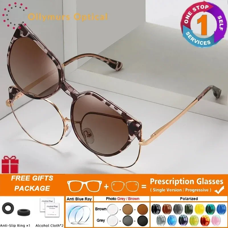 BREZ Clip On Prescription Myopia Glasses Women Magnetic Fashion Optical Geometric Cat Eye Driving Polarized Sunglasses 95997