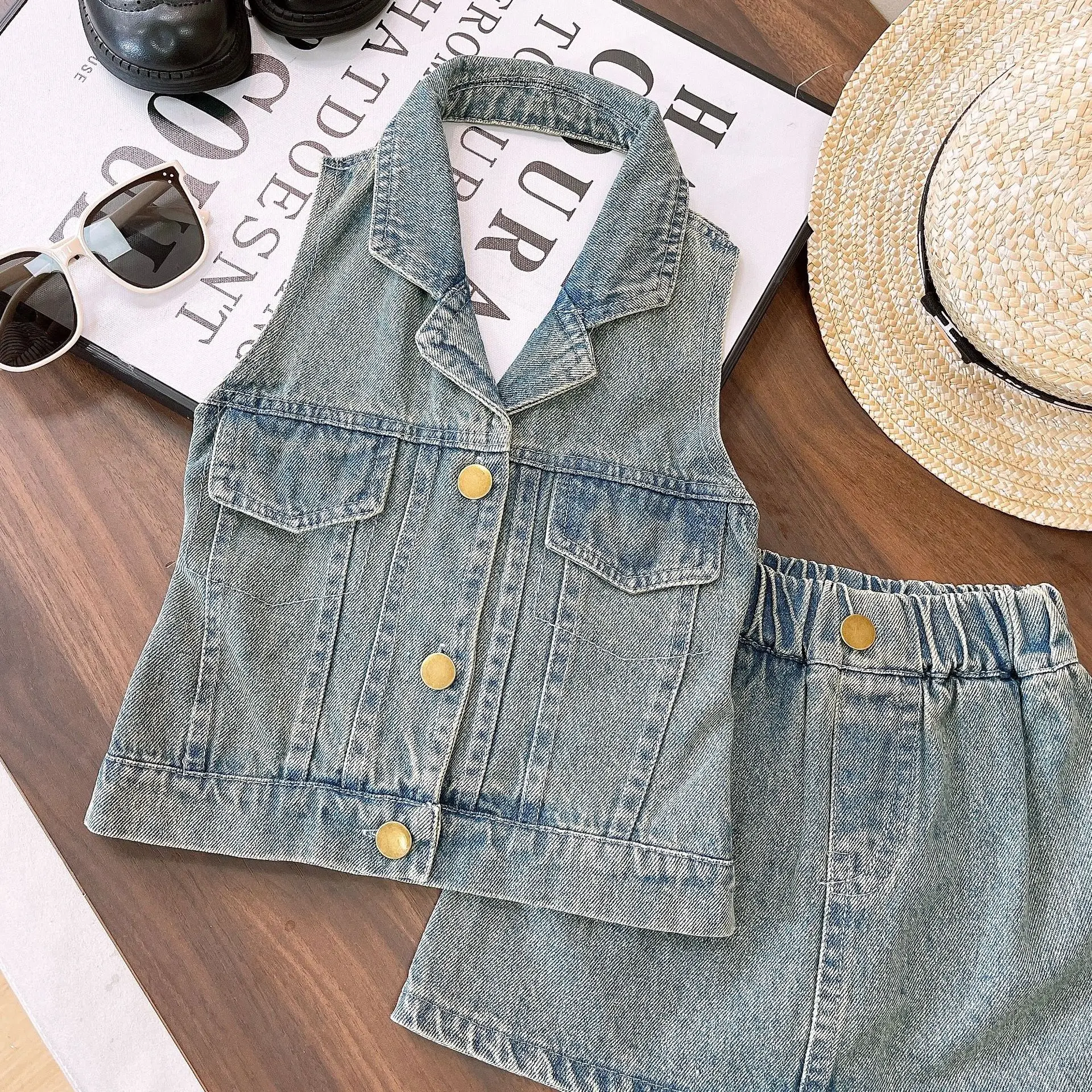 Summer New Girls\' Denim Set European American Style Fashion Hanging Neck Top V-Neck Sleeveless+Cowboy Short Skirt Clothing Sets