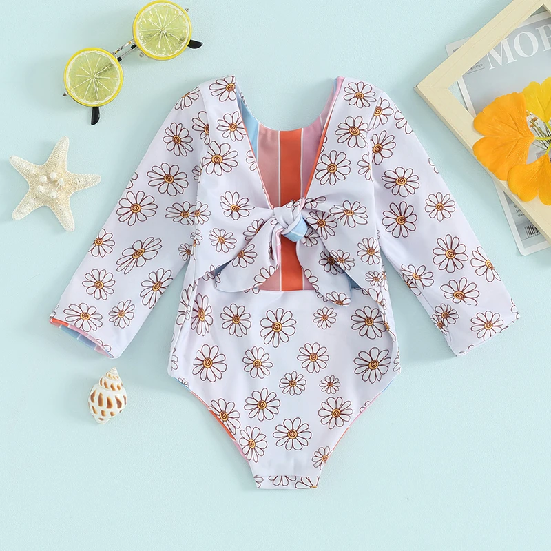 

Toddler Kids Baby Girls Rash Guard Swimsuit Rompers Long Sleeve Floral Print Knot Front Baby Bathing Suit Swimwear