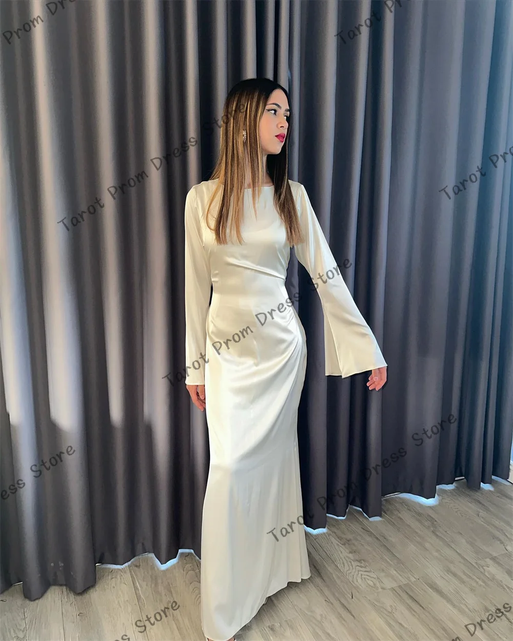 

2024 Satin O-neck Long Flared Sleeves Mermaid Prom Dresses Evening Gowns Corset Ankle-Length Ball Gowns for Women Saudi Arabia