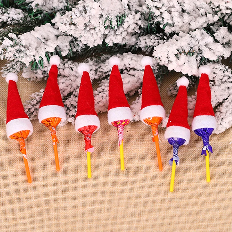 40pcs Mini Santa Hats Lollipops Christmas Decorations DIY Holiday Packaging Accessories Candy Santa Claus Caps Party Decoration