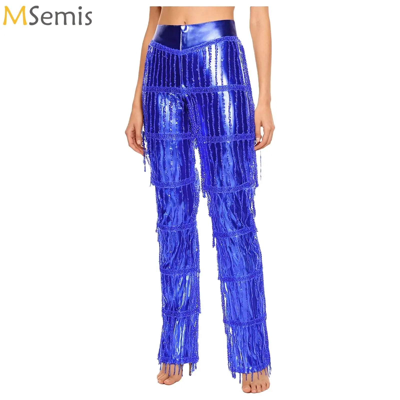 سراويل الرقص اللاتينية النسائية المتدرجة الترتر شرابة اللون حجب معدني السراويل الطويلة بنطلون لكرنفال التانغو السالسا 70s ديسكو #1