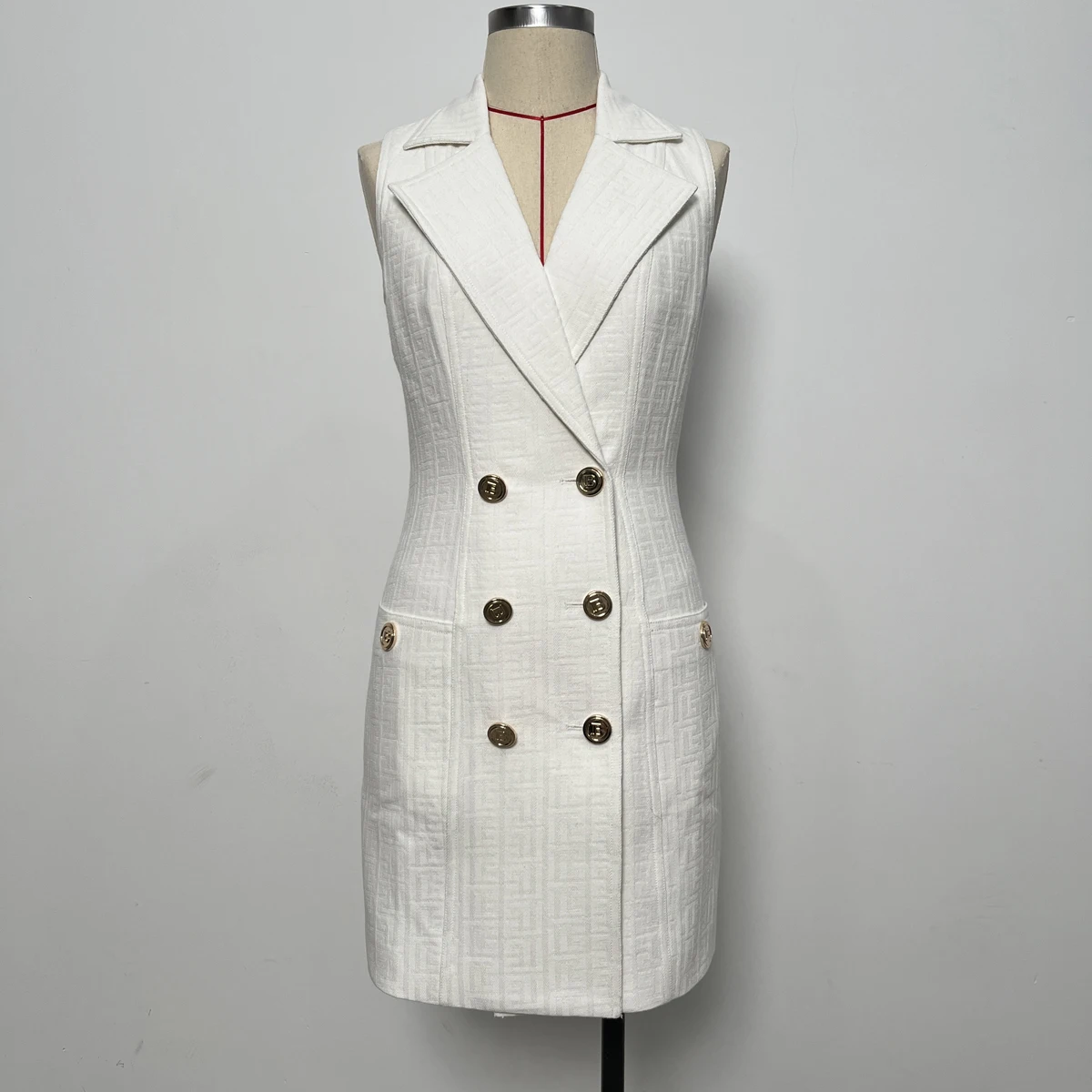 White and Khaki S-XL High Quality New Fashion Solid Jacquard Dimensional Texture Sleeveless Lapel B Button Slim Woman Dress