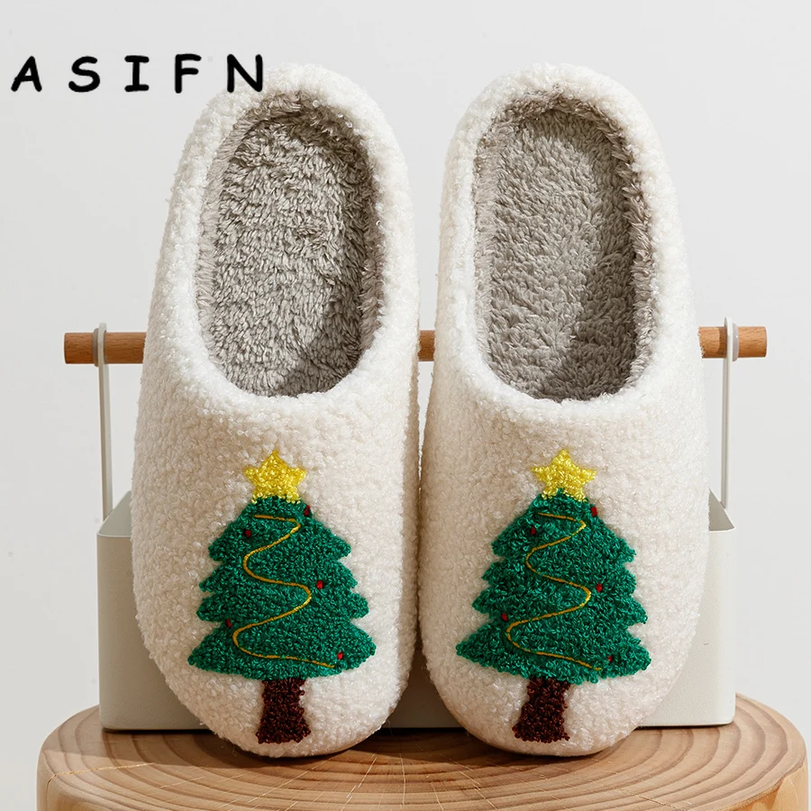 Holiday Party Christmas Tree Slippers Soft Sole Fur Houseshoes Women Comfy Flat Slip-on Bedroom Slides Cute New Year Home Shoes