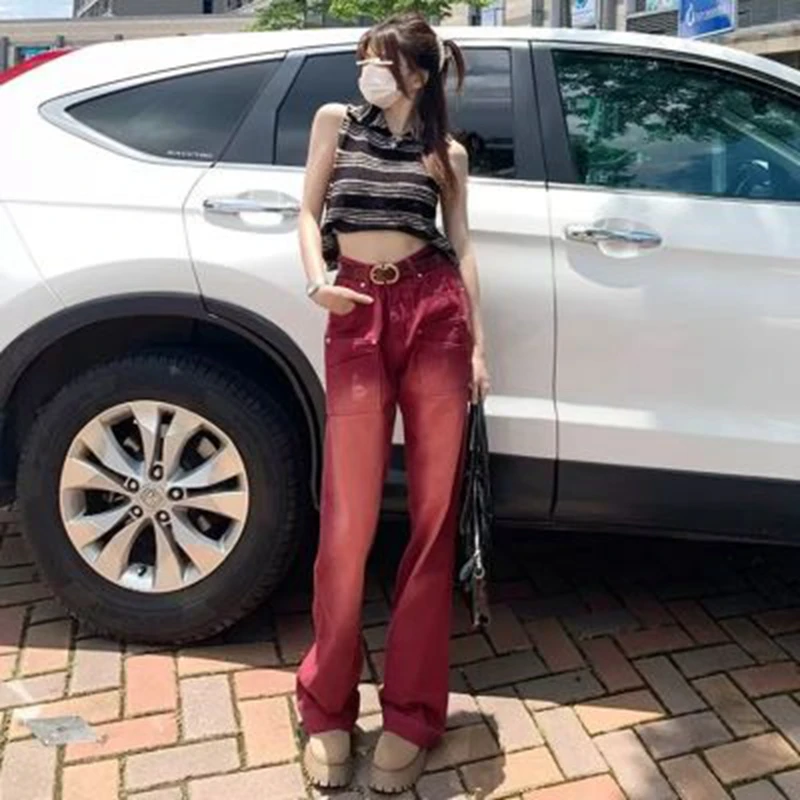 Red Pants woman Streetwear Baggy Jeans High Waist Boyfriend Style Y2k Vintage Washed Distressed  Wide Leg Mopping Denim Trousers