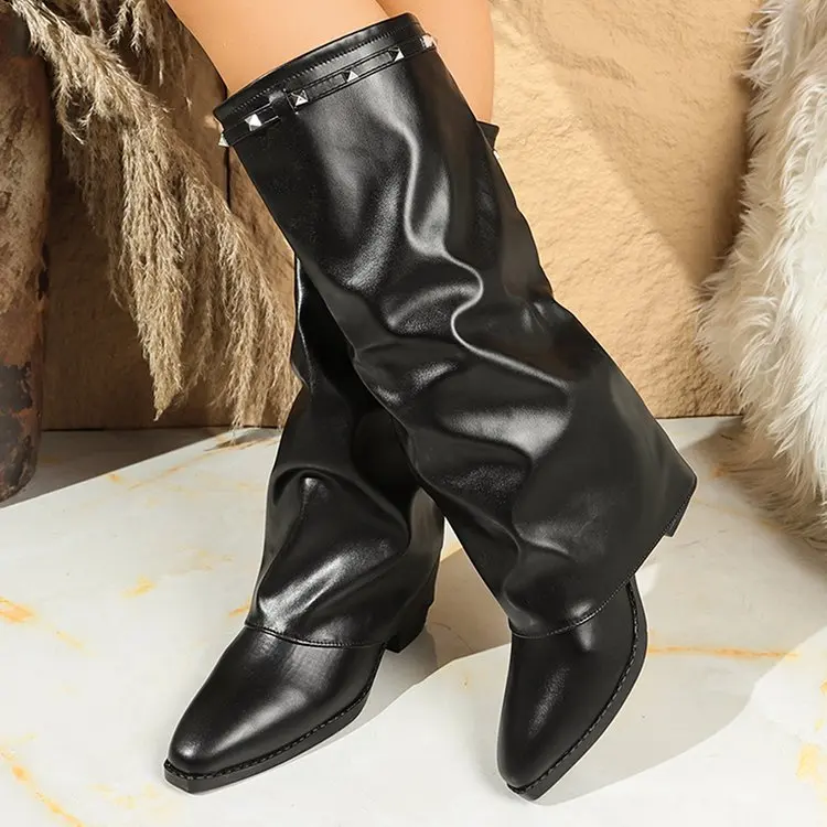 

Black Thick Heel Knee-high Boots for Women Large Size 43 Slip-on PU Leather Boots 2025 Winter Fashion Suede Boots Women's Shoes
