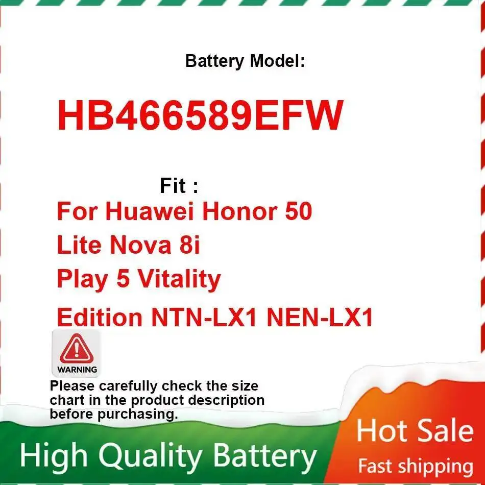 

Mobile Phone Battery HB466589EFW 4300Mah For Huawei Honor 50 Lite Nova 8I Play 5 Vitality Edition Ntn-LX1 Nen-LX1