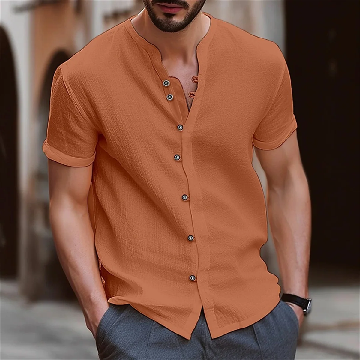 Summer Men's Daily Street Retro Cotton and Linen Solid Color Standing Collar Chinese Button Design Casual Short-Sleeved Shirt