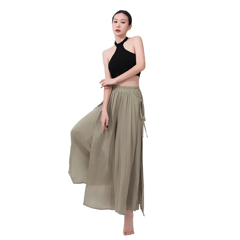 2023 Adult Moden Dance Costume High Waist Line Side Strap Wide Leg Pants Female Trousers Performance Dress Comfortable Slacks