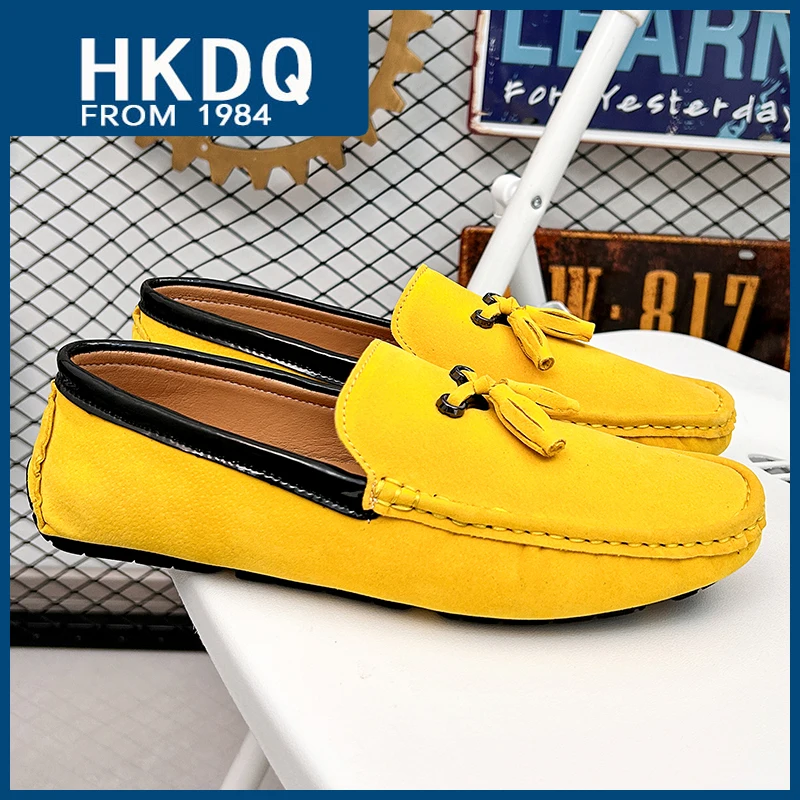 HKDQ Yellow Men's Suede Loafers Fashion Tassels Flat Big Size Casual Shoes For Men Comfortable Breathable Slip-on Moccasins Man