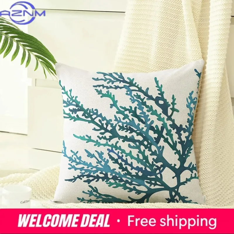 Sea Coral Tree Blue Teal Cushion Cover Shell for Bed Sofa Home Decoration Aquarelle Painting Print Pillow Case 18x18 Inches