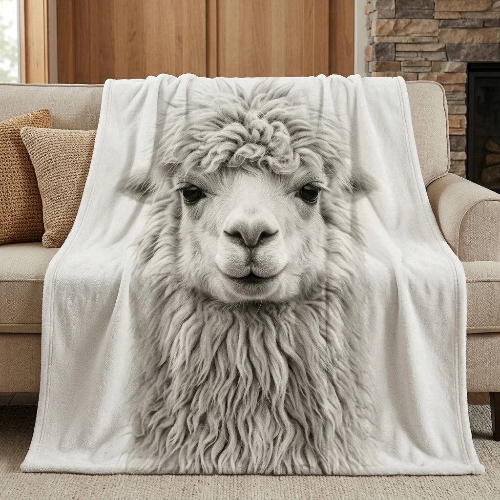 Minimalist Alpaca Face Flannel Throw Blanket, Cozy Neutral Tone Throw for Farmhouse & Modern Home Decor