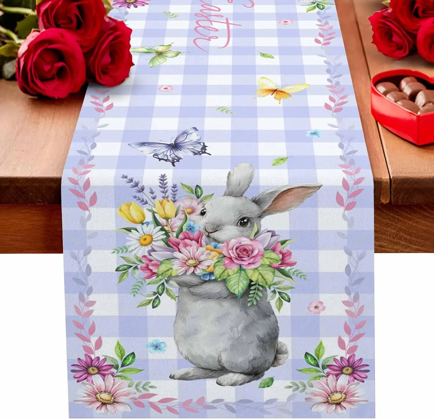 Easter Table Runner, Nordic Linen Style Anti-Slip Rectangle, Purple Plaid Bunny Flower Butterfly Flat Print, Fresh Spring