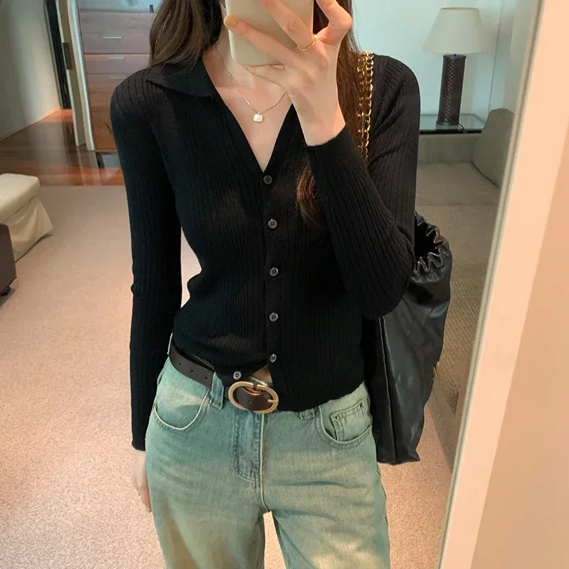 Women\'s  Knitted Top New Solid Color Polo Collar Slimming Versatile Long Sleeve Cardigan Top Smooth Sihouette 2024 Autumn Winter