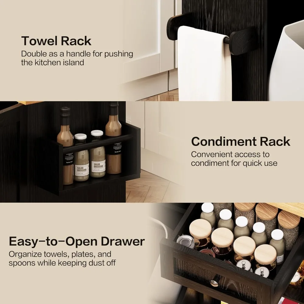 جزيرة المطبخ المتدحرجة مع مساحة تخزين سلة المهملات، عربة جزيرة المطبخ مقاس 48 بوصة مع سطح طاولة على شكل أوراق شجر، وطاولة جزيرة مع درج وها