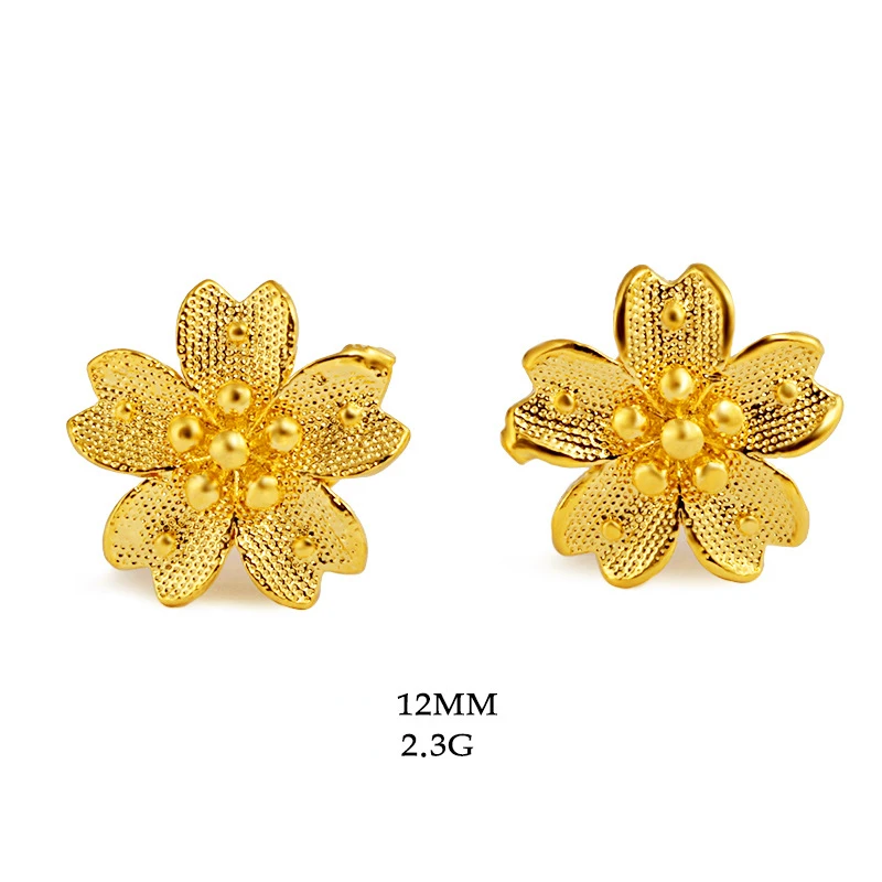 Charm Authentic 18k Yellow Gold Color Sakura Stud Earring for Women Wedding Daily Wear Gold Earring Jewelry Gifts