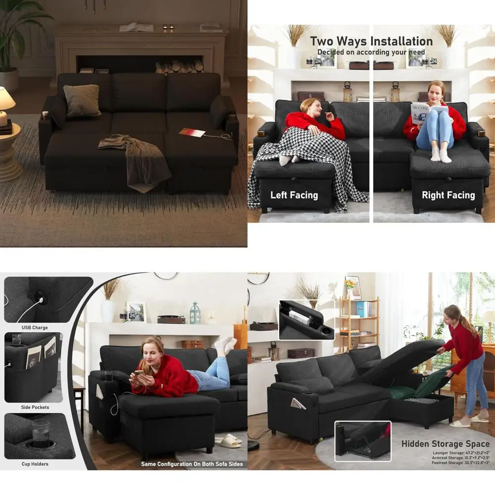 Gray 2-in-1 Sectional Sleeper Sofa with Storage, USB, and Cup Holders