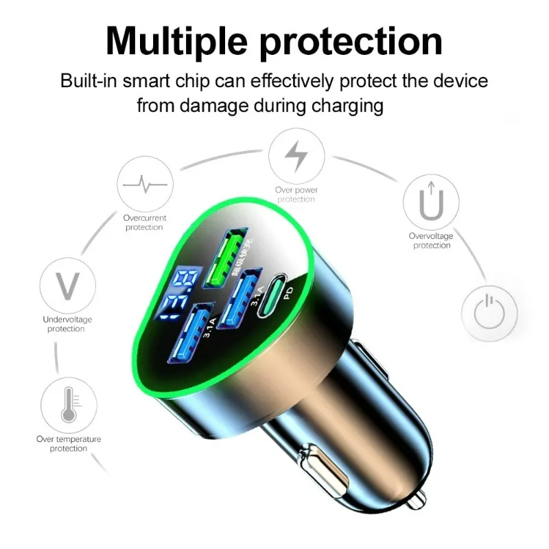 350W Car Phone Charger USB Type C Super Fast Charge in Car with LED Voltage Monitor for IPhone Samsung Huawei Oneplus Vivo Oppo