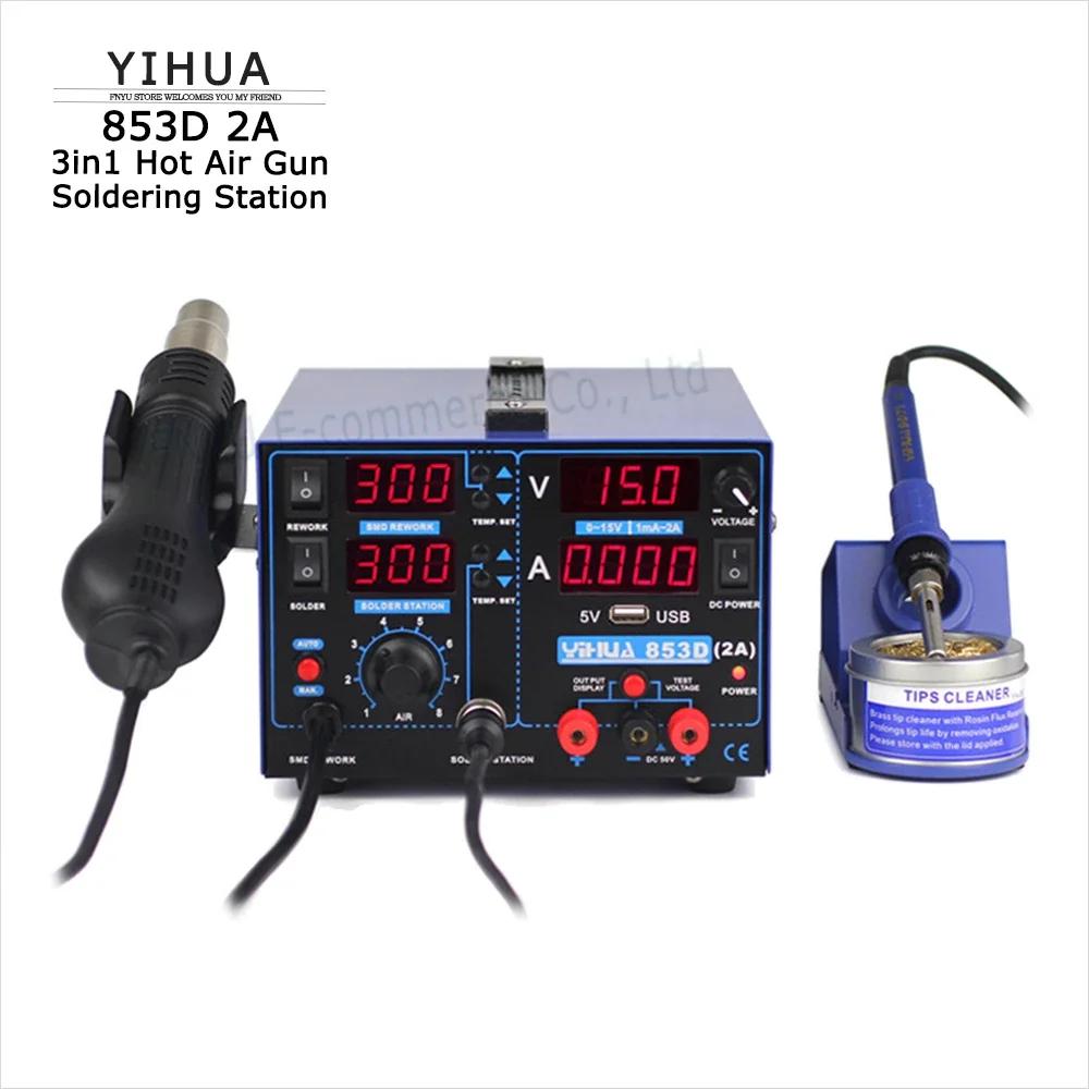 YIHUA 853D Soldering Station 15V 2A USB Power Supply 3In1 Hot Air Gun Solder Iron Repair Soldering Station BGA Rework Station