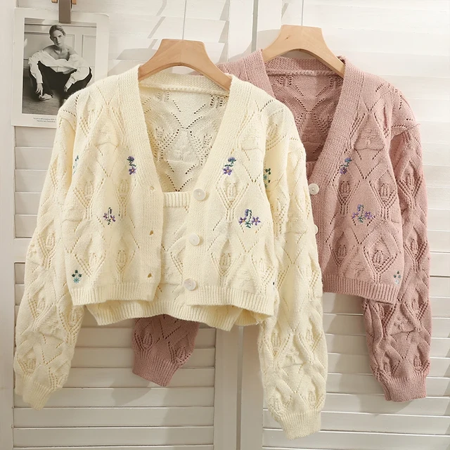 Knitted Cardigan Set With Top Cropped Sweater Women Sweet Floral Embroidery Korean Fashion Hollow Vintage Kawaii Woman Clothes