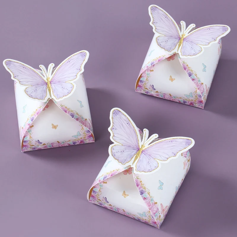 12pcs Candy Gift Box Purple Pink Butterfly Birthday Party Decorations Wedding Supplies Baby Shower Chocolate Cookie Gift Box Bag