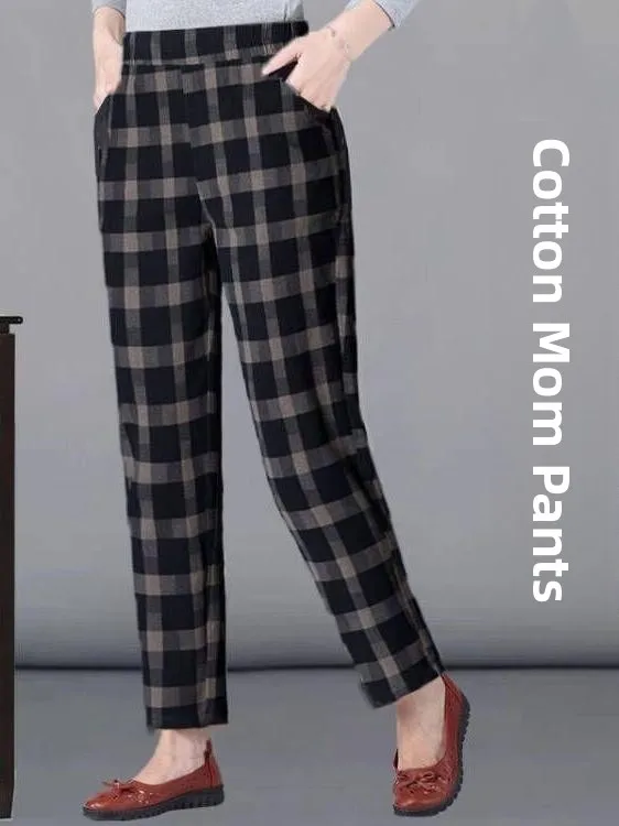 Cotton Plaid Mom Pants Thin Summer Loose Straight Korean Sle Casual Trousers for Middle-Aged And ly Women