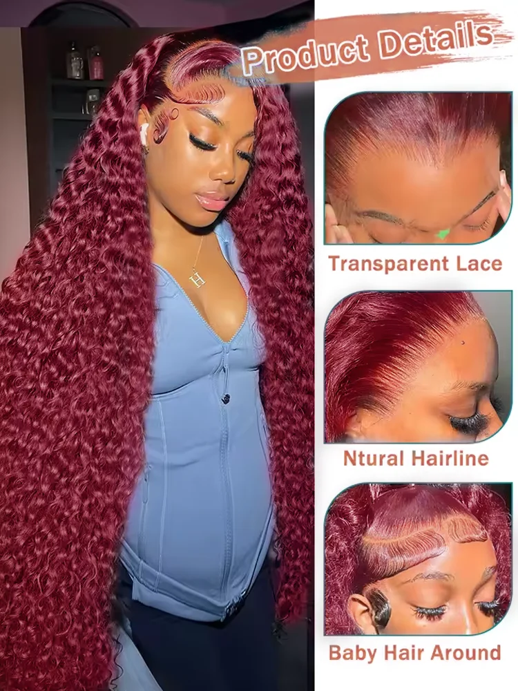 30 40 Inch 99J Burgundy Deep Wave 13x4 Transparent Red Lace Front Human Hair 13x6 HD Colored Lace Frontal Water Curly Wigs