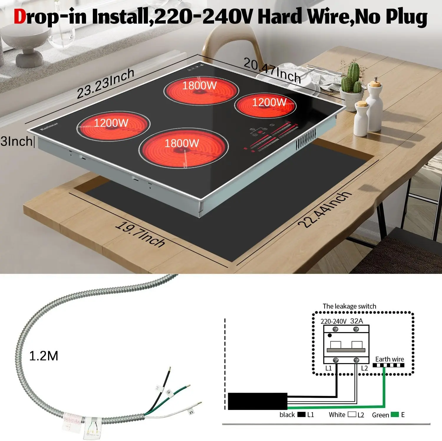 Karinear Electric Ceramic Cooktop 4 Burners, 220V Built-in 24 Inch with Metal Edged Protection, Slider Control, 6000W Hardwired