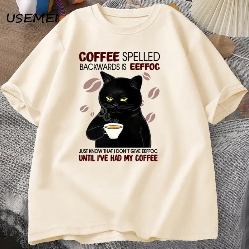 

Coffee Spelled Backwards Cat T-shirt Funny Cute Graphic Tees Summer Unisex Cotton ONcek T Shirt Oversized Mens Clothes oversized