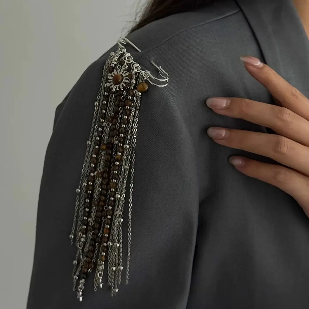HangZhi Edgy Tassel Chain Brooch Pin Punk Rock Style Tiger Eye Sunflower Star Charm Trendy Lightweight Statement Women Jewelry view 4