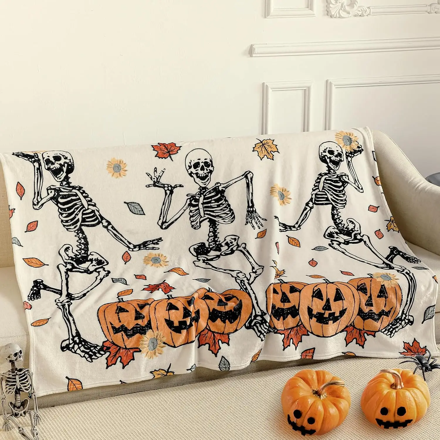 FuWeave Halloween Throw Blanket Dancing Skeleton Pumpkin Flannel Blanket