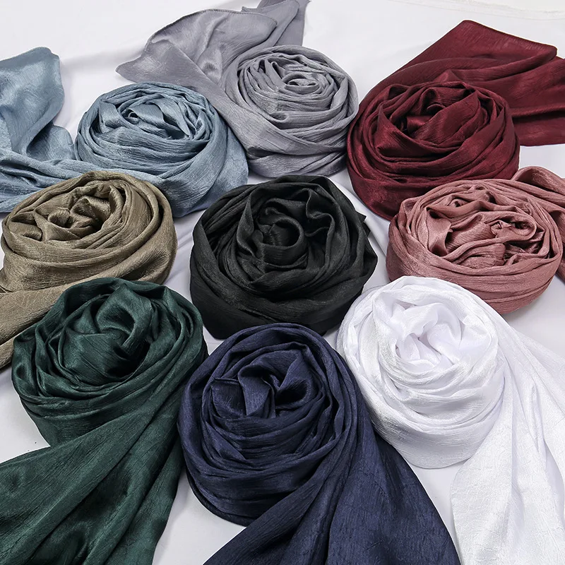 Lenço liso do cetim de seda Hijab para mulheres muçulmanas, lados diferentes, rugas da casca, xale longo, underscarf liso, monocromático