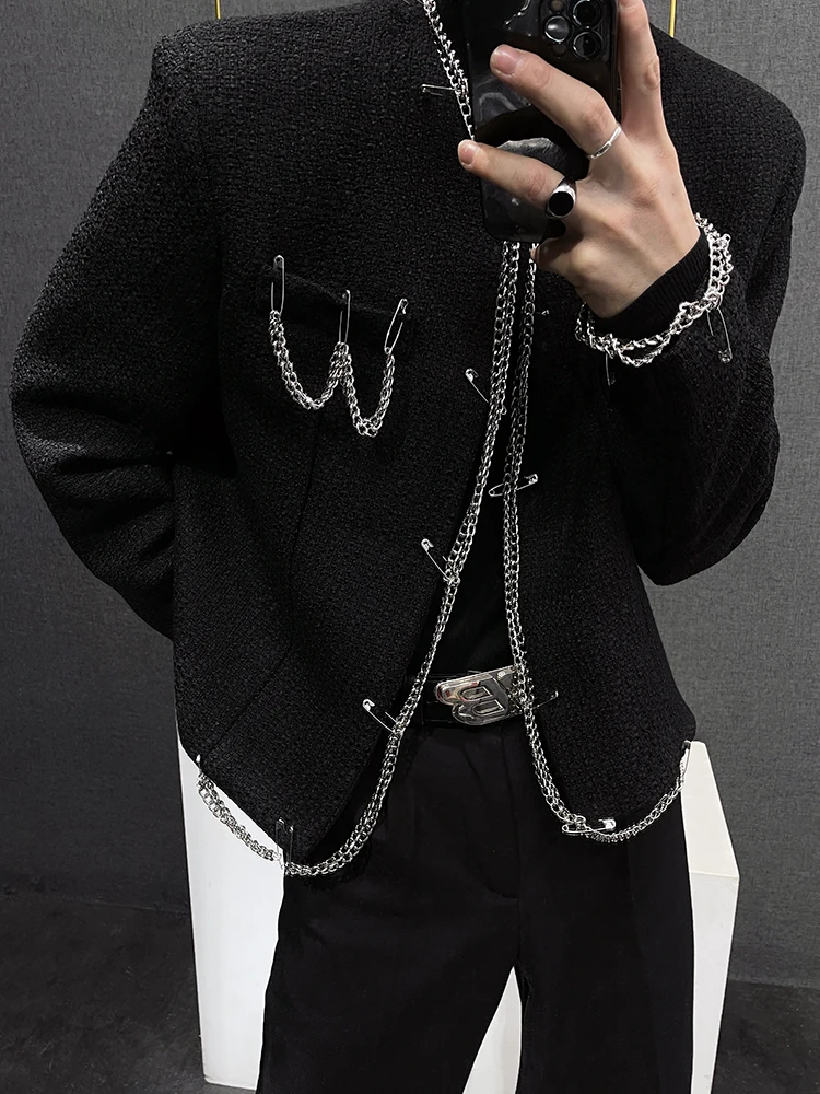 Modische Kette dekorative Retro Kurz mantel Herren Herbst neue exquisite trend ige männliche kragen lose Langarm Woll oberteile