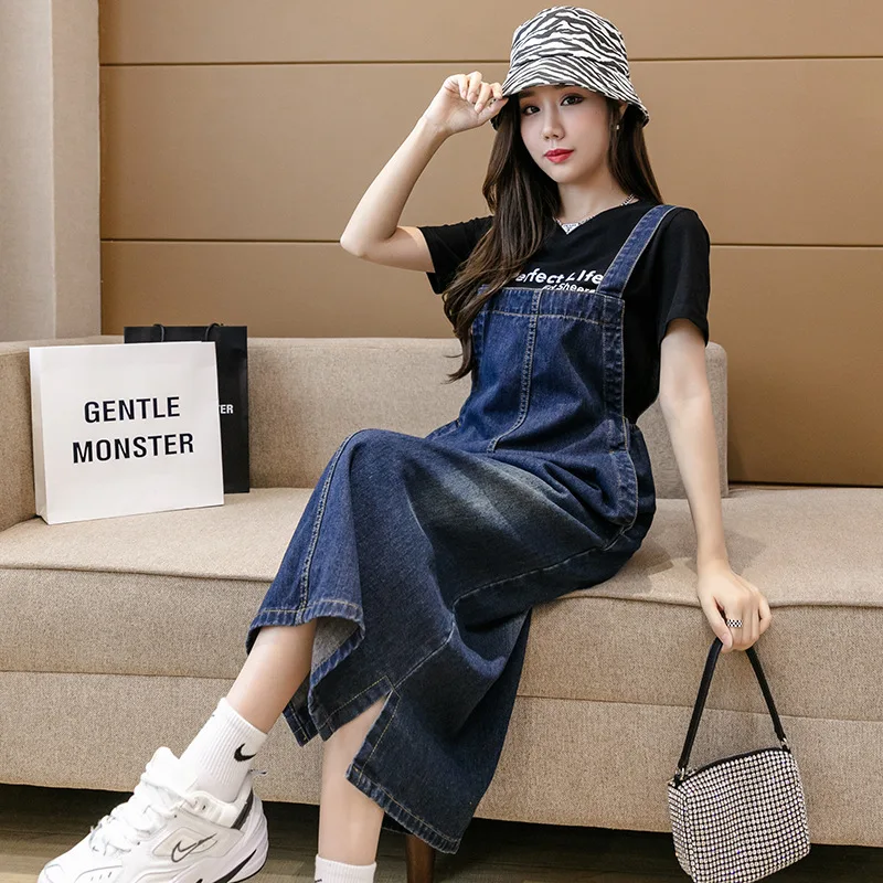 

French Denim Dress with Suspender for Women's Summer Vintage Washed High-quality Fabric Design Slim Slit Long Skirt Versatile