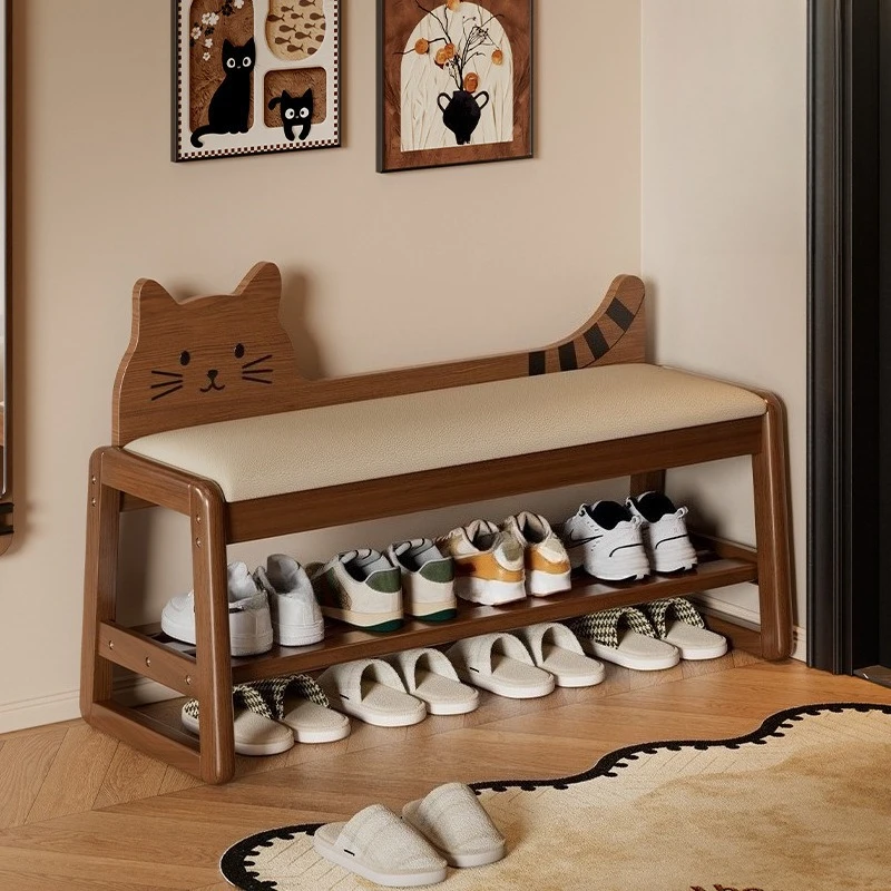 Solid wood kitten  change stool 2026 new door stool shoe cabinet integrated household shoe rack home  entrance stool