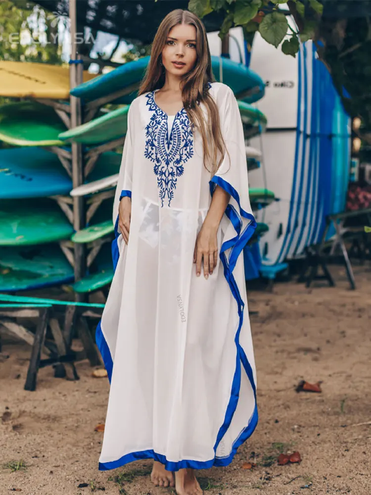 2023 Blue Bohemian Embroidered Batwing Sleeve Side Split Summer Beach Dress Chiffon Tunic Women Plus Size Beachwear kaftan Q746