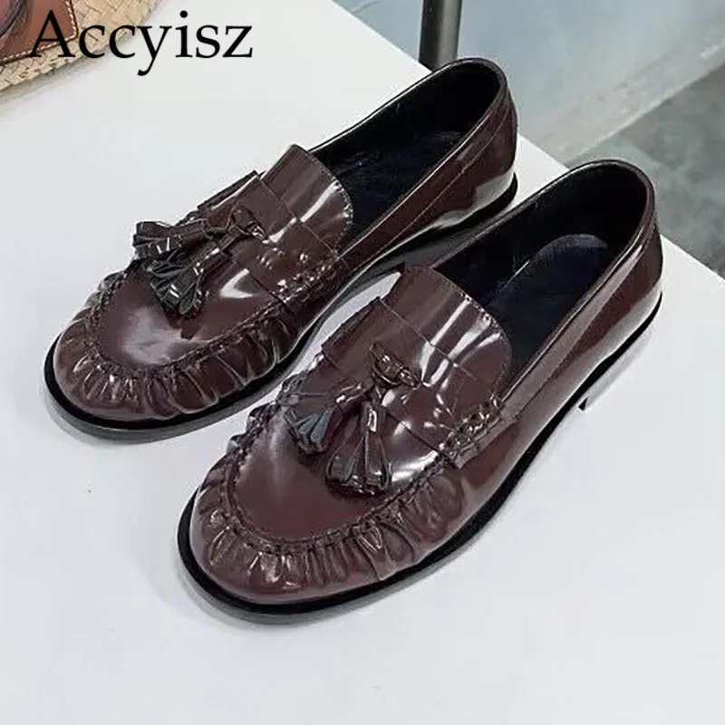 

Women Real Leather Round Toe Deep Mouth Loafers Spring Autumn Ladies Office Monochrome British Style Flat Platform Single Shoes