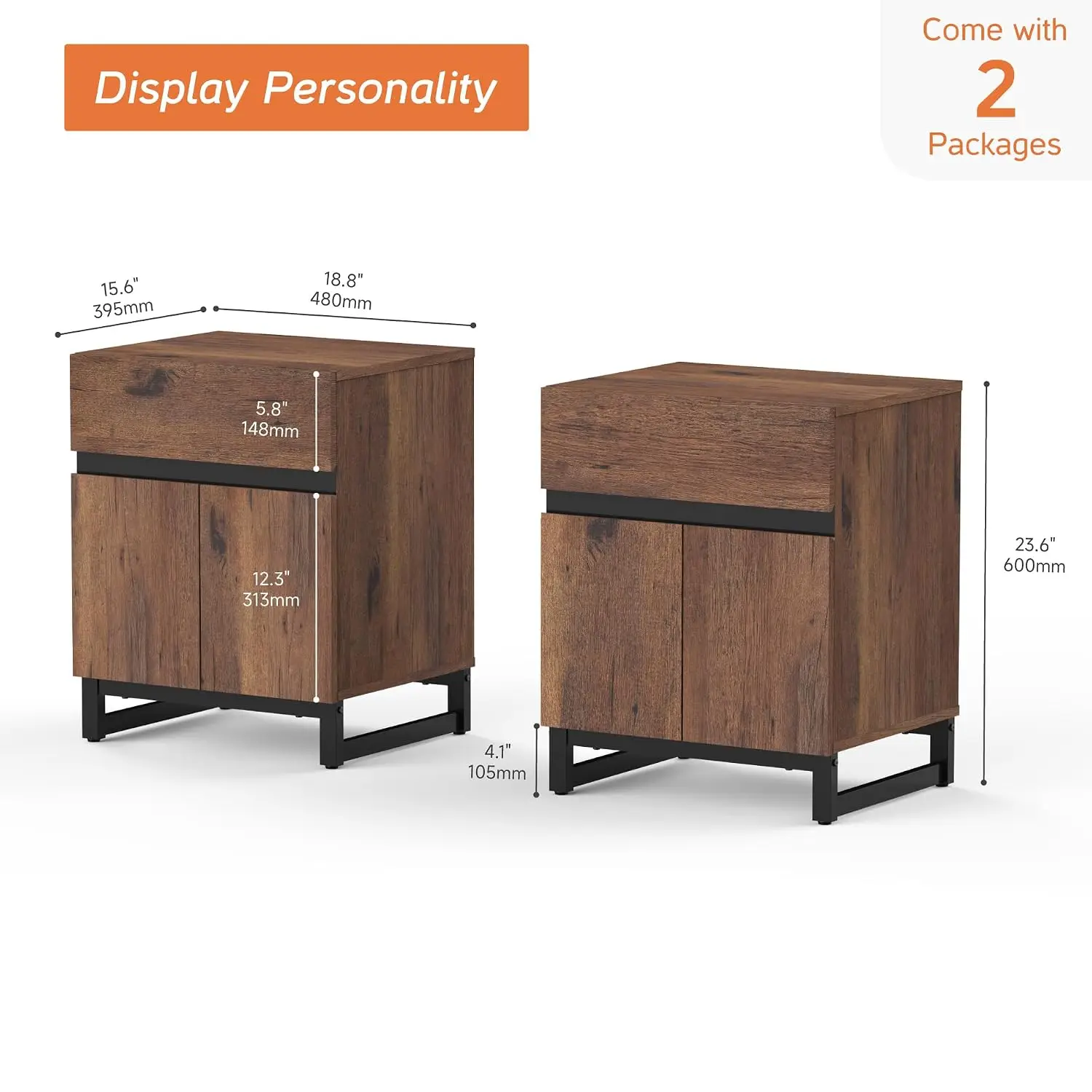 2 Pack Nightstand with Drawer & Storage Cabinet, Wooden Bedside Table for Bedroom, Customized