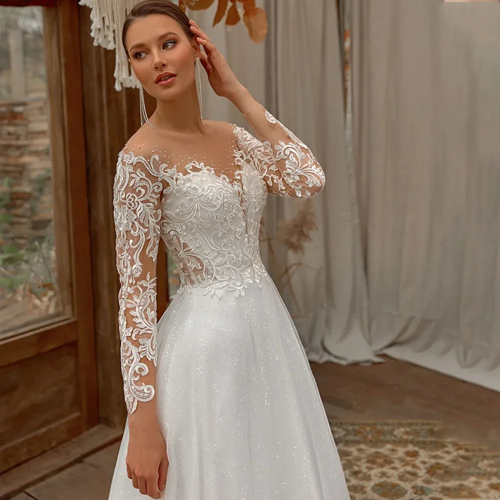 Flavinke Abiti da sposa classici personalizzati da principessa Manica lunga Applicazioni in pizzo Bottoni Sweep Train Brida Abiti da sposa