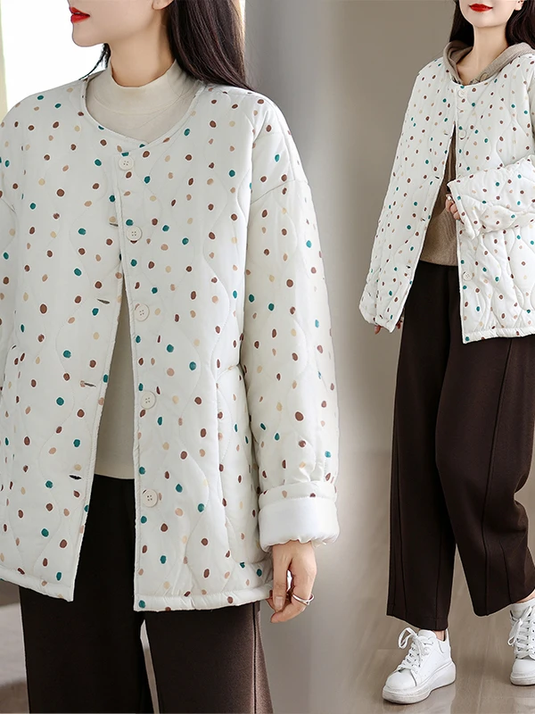 

Korean Floral Cotton Blend Winter Jaet plus Size round Ne Polka Dot Artistic Inner Wear Casual Loose Fit Long Sve