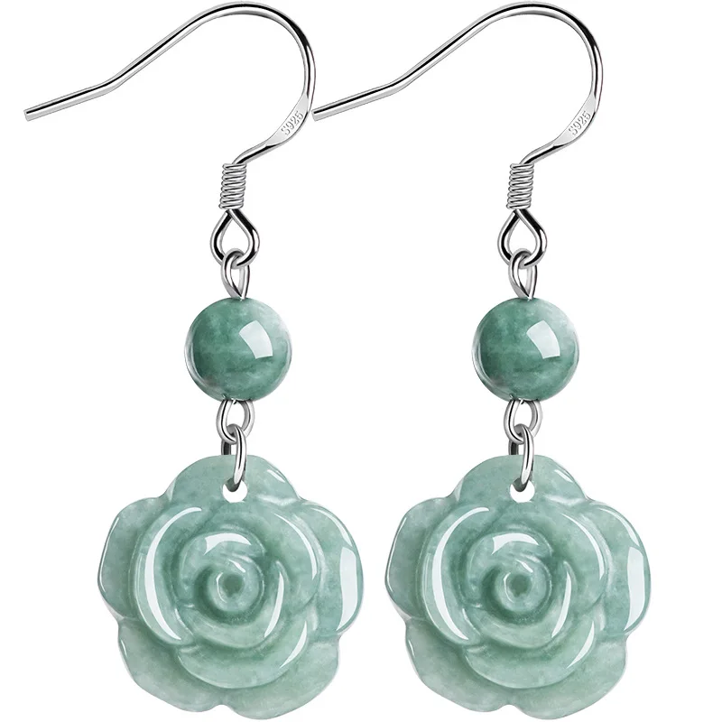 Authentic Natural A-grade Jade Bean Green Rose Earrings S925 Silver Ice Jadeite Fashionable Women\'s Gifts Jewelry Drop Shipping