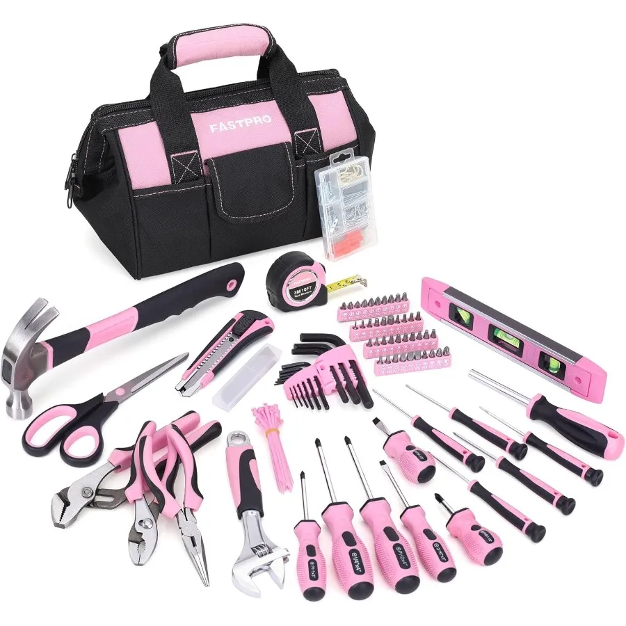 

Pink 220-Piece Lady's Home Repairing Tool Set with 12-Inch Wide Mouth Open Storage Bag Pink Tools for Home Use