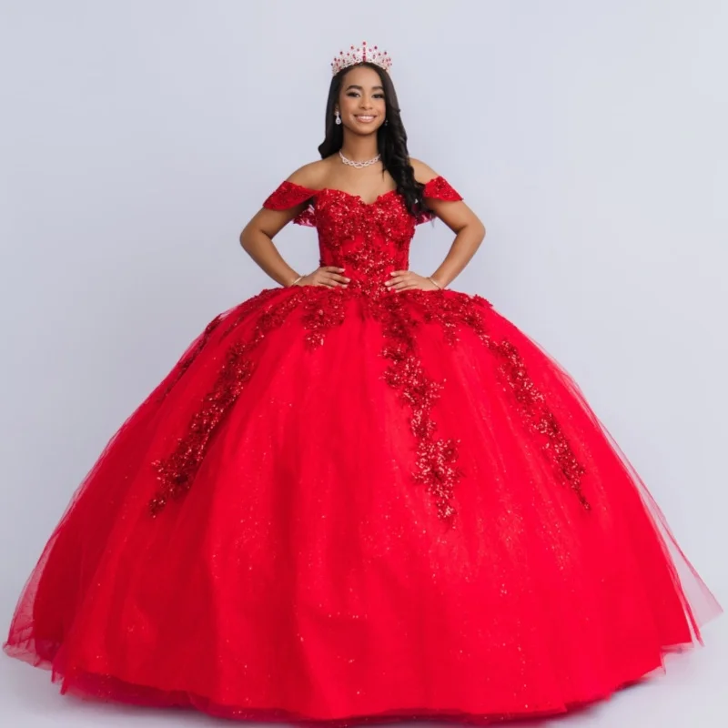 

Shiny Red Quinceanera Dresses Off the Shoulder Crystal 3D Flower Decal Long tail Bow Vestidoe 15 Quinceanera Customize