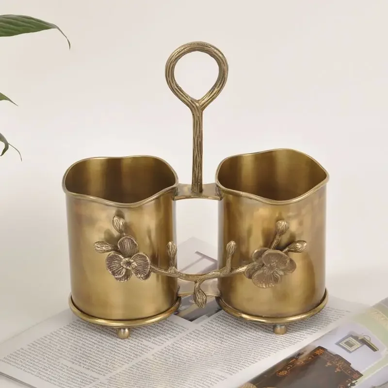 Retro Brass Handle Tableware Bucket Light Luxury Model Room Tableware Storage Bucket Home Decoration Ornaments